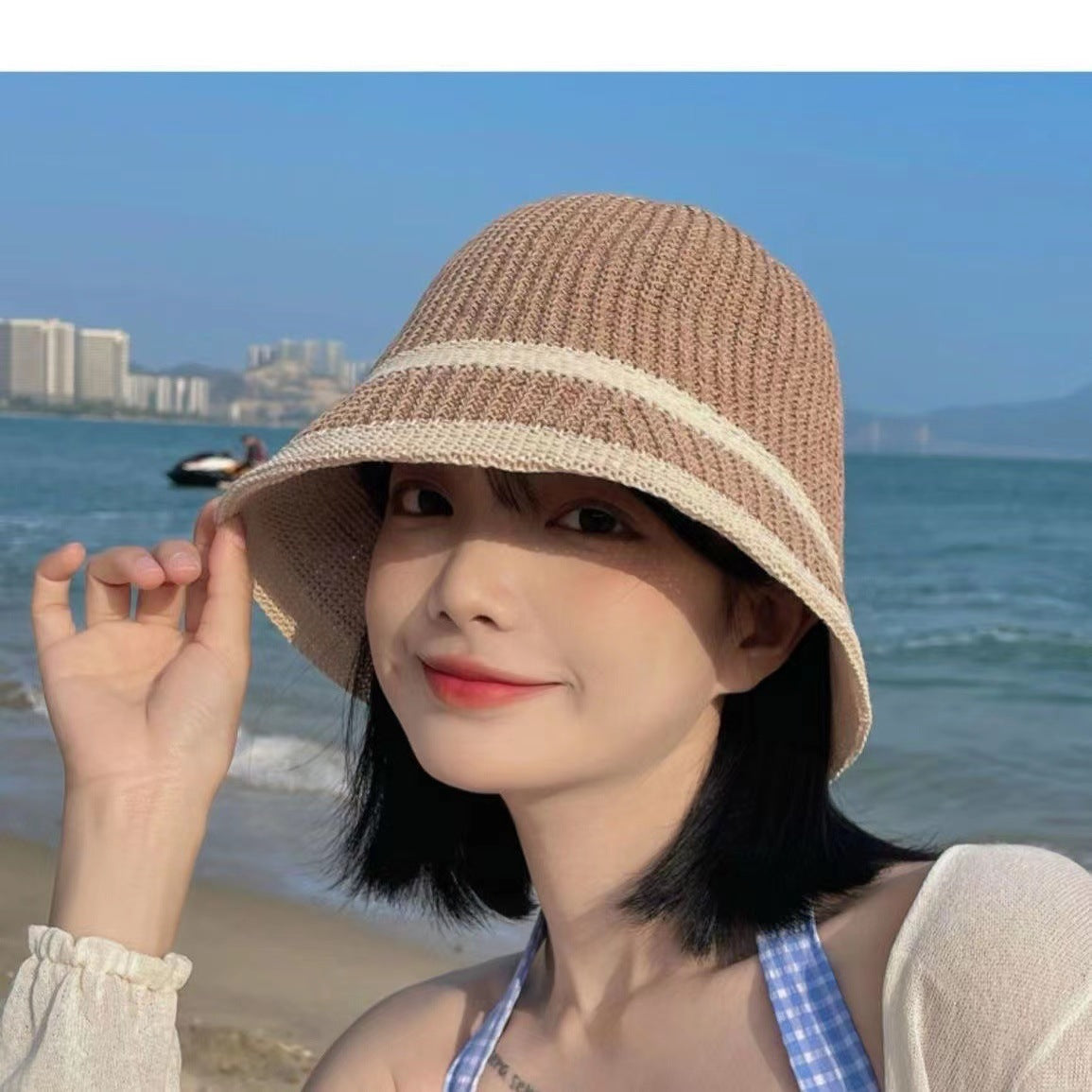 Women's Summer Sun Hat One-piece Super Hollow Show Face Wig Short Straight Hair