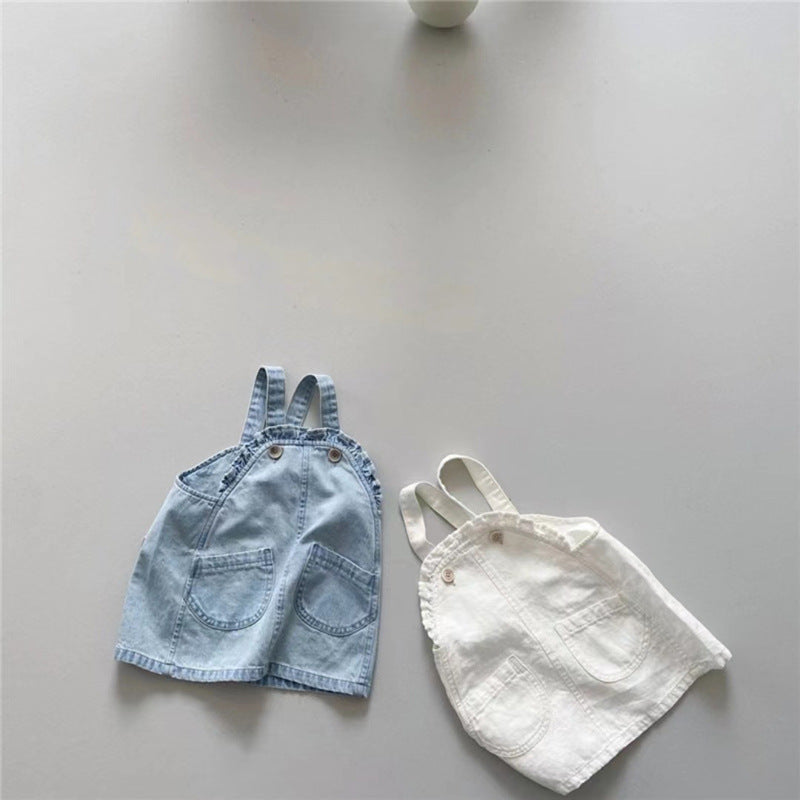 Children's Korean Style Clothing Summer Cotton Denim Suspender Skirt Floral Short Children's Suit
