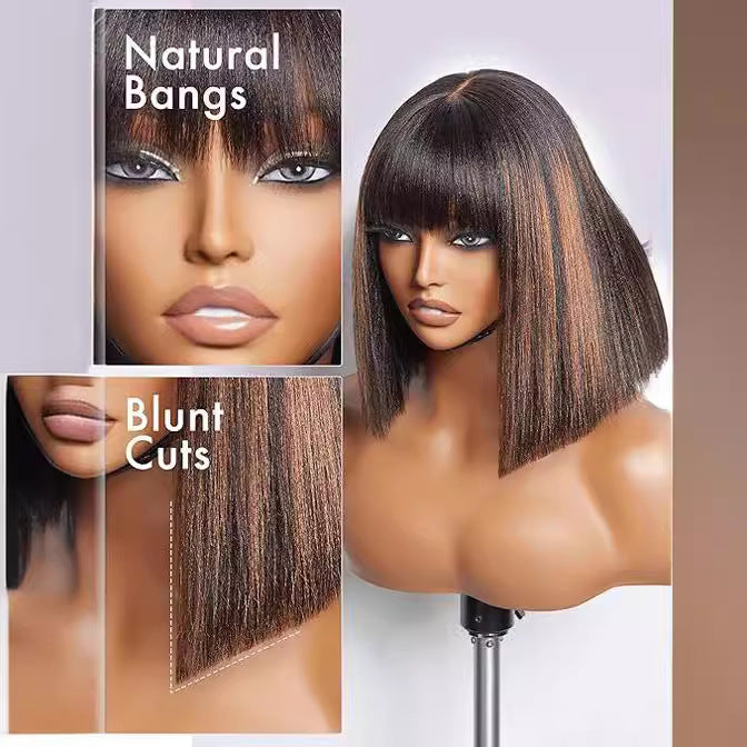 Women's Chemical Fiber Fringe Chestnut Brown Wave Head Wig Short Straight Hair