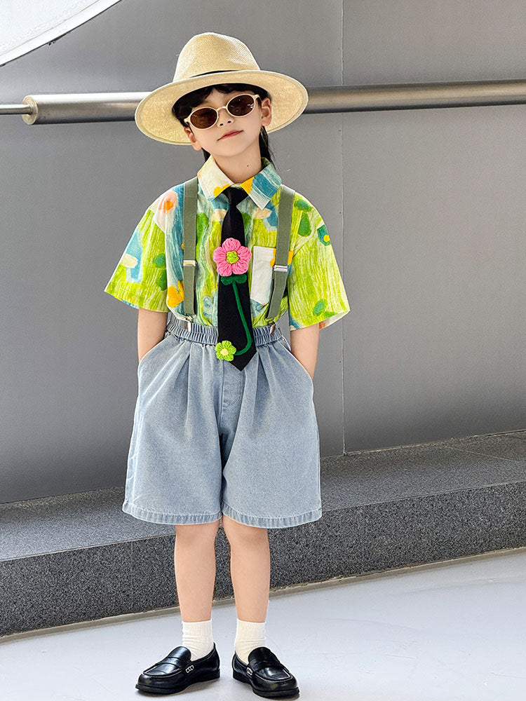 Denim Shorts Casual Printed Suspender Suit Performance Children's Shirt