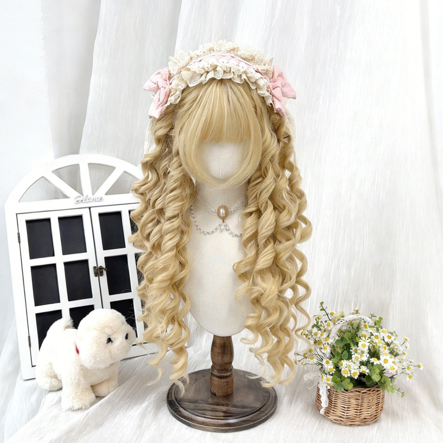 Noodles Roll Female White Gold Color Roman Wig Long Curls
