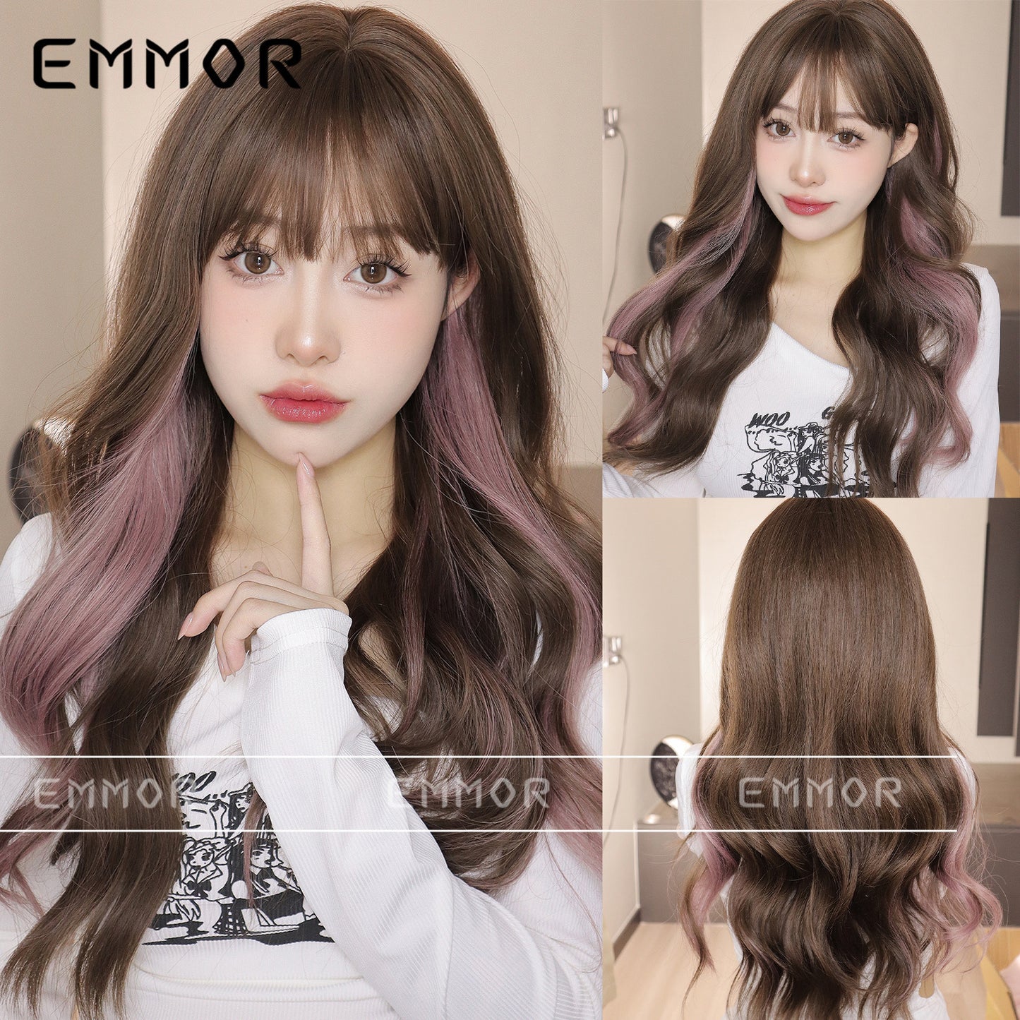 Women's Hair Brown Dyed Pink Fluffy Cover Wig Long Curls