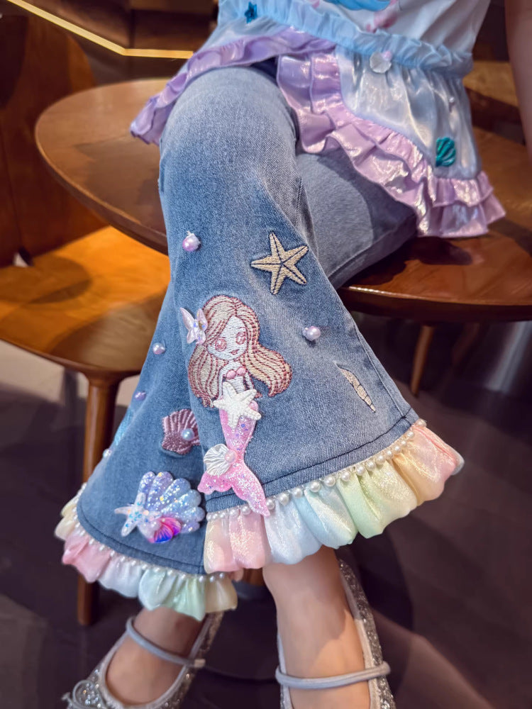 Children's Jeans Fashionable Bell-bottom Cartoon Mermaid Trousers Children's Pants