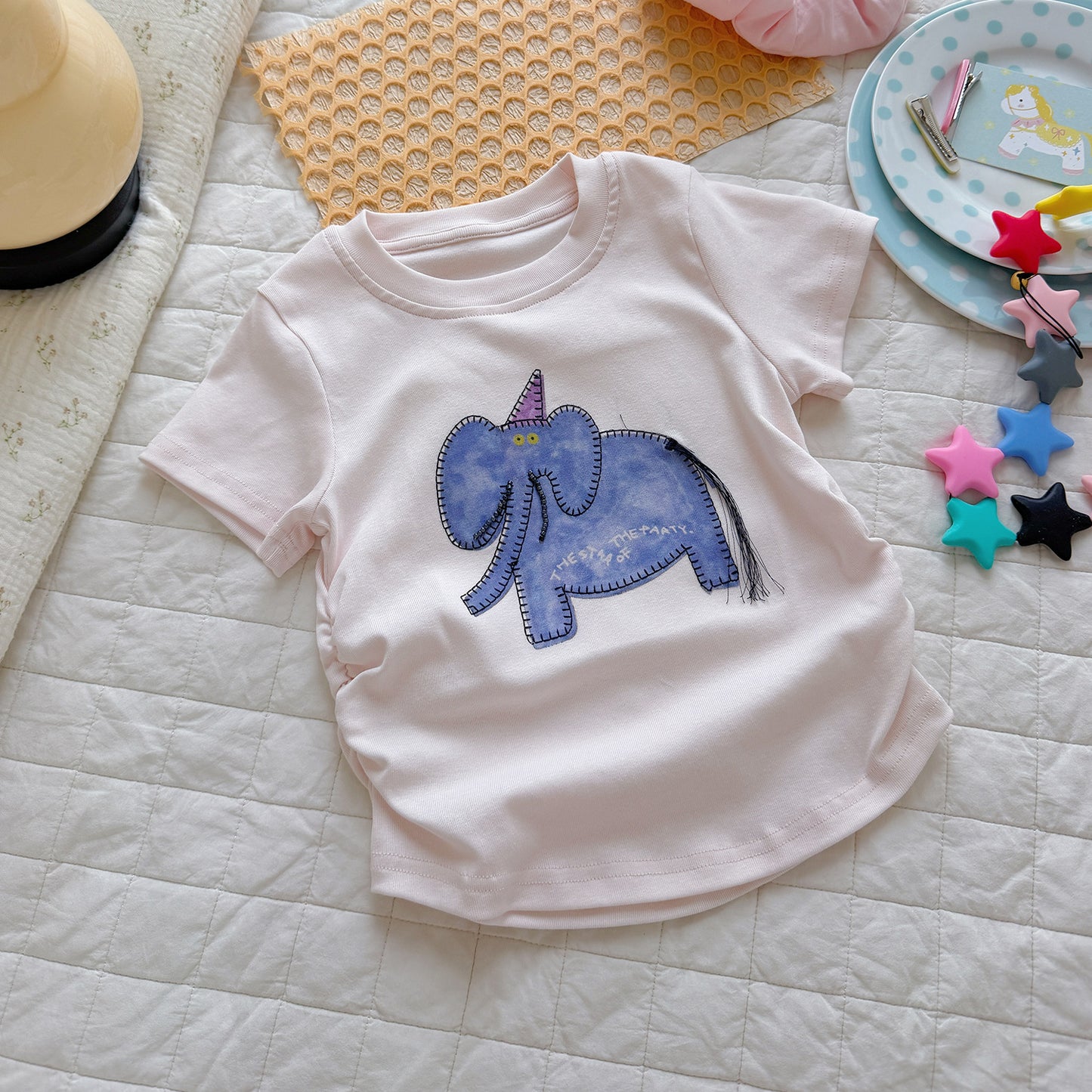 Children's High Elastic Fine Cotton Rib Digital Painted Beaded Tube Embroidery Children's T-shirt