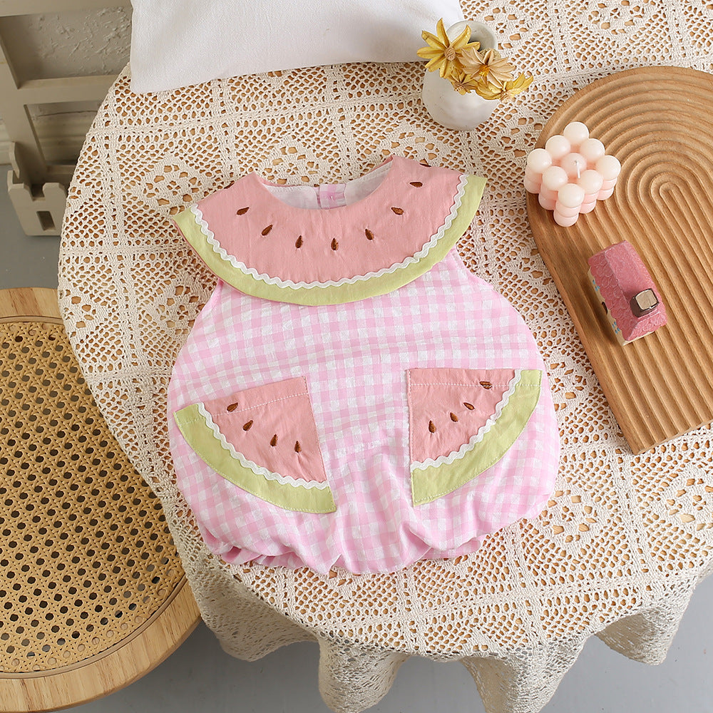 Cute Sweet Watermelon Sleeveless White Pink Plaid Triangle Going Jumpsuit, Climbing Suit