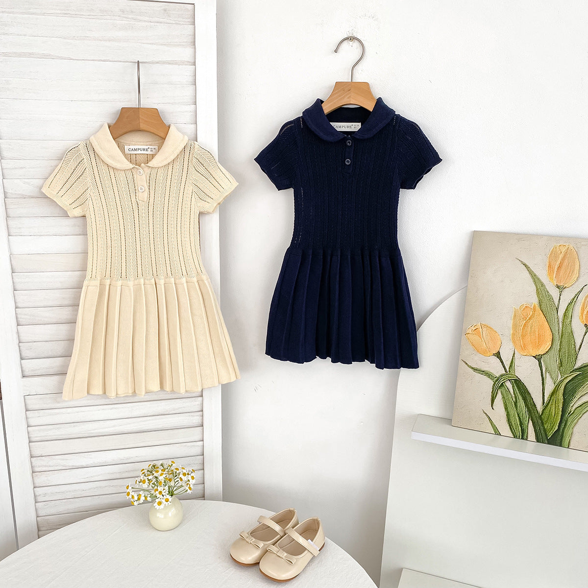 Preppy Style Lapel Ingot Collar Knitted Children's Dress