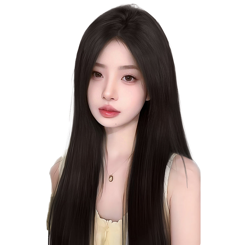 Natural Seamless Bangs Black Female Hair Full Long Straight Wig