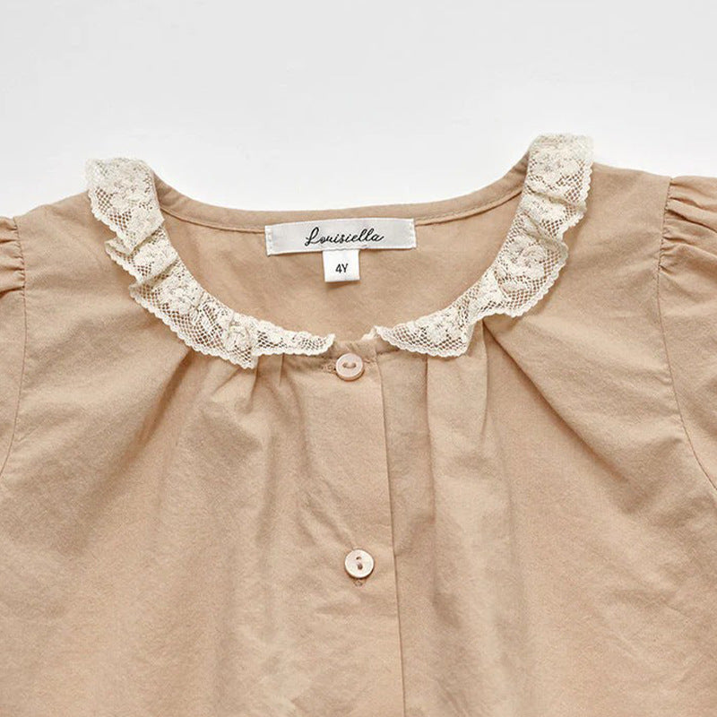 Cotton Pink Lace Peter Pan Collar Cute Doll Short Sleeve Children's Shirt