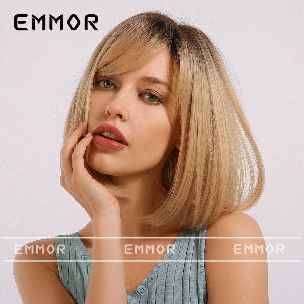 Women's Straight Bangs Head Gradient Golden Synthetic Wig Short Curly Hair