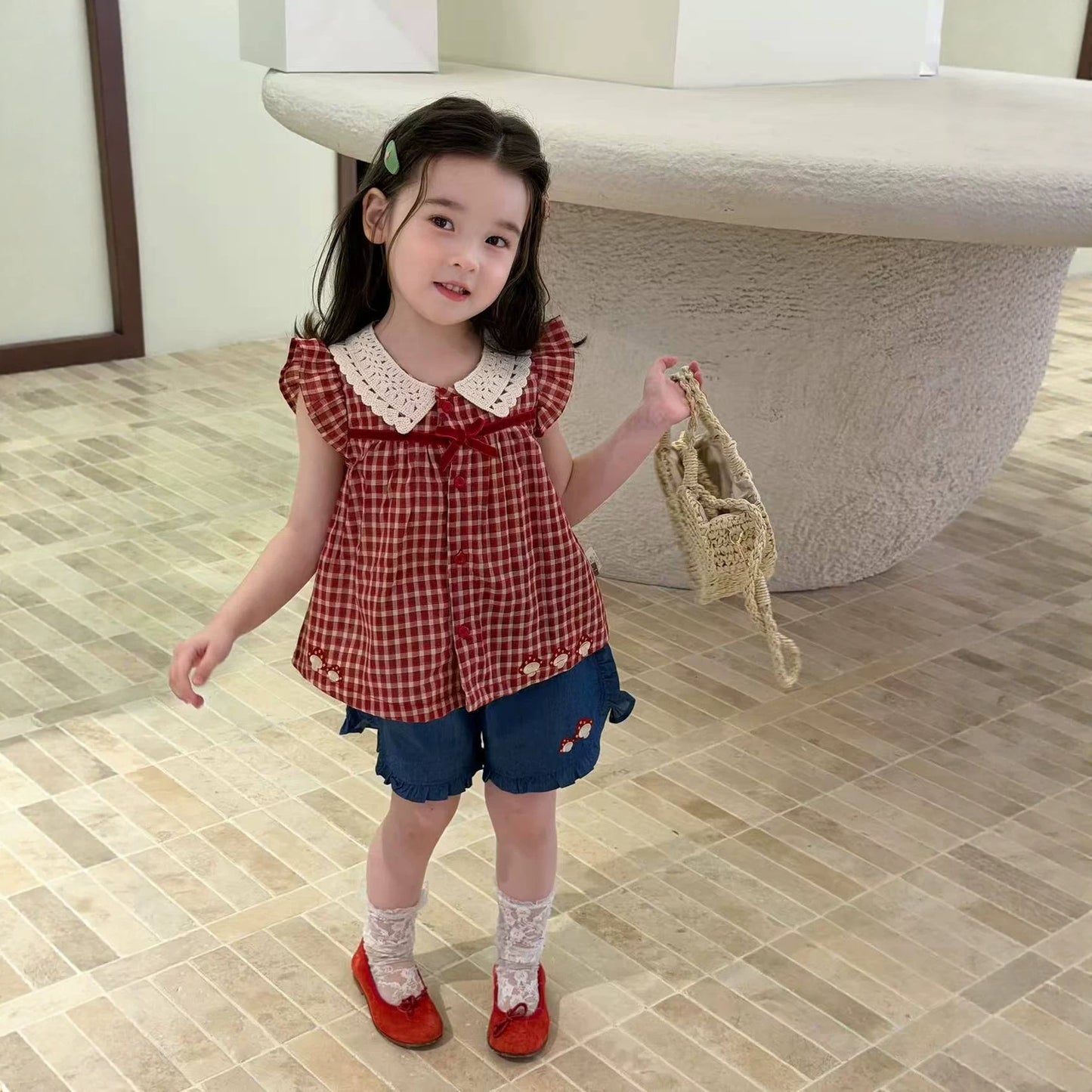 Shorts Suit Style Plaid Flying Sleeve Children's Shirt