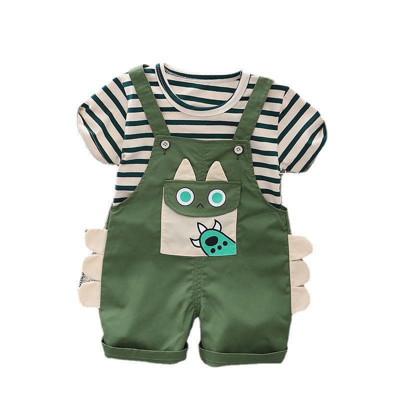 Children's Clothes For Babies Summer Short-sleeved Split Striped Suspender Pants Children's Suit