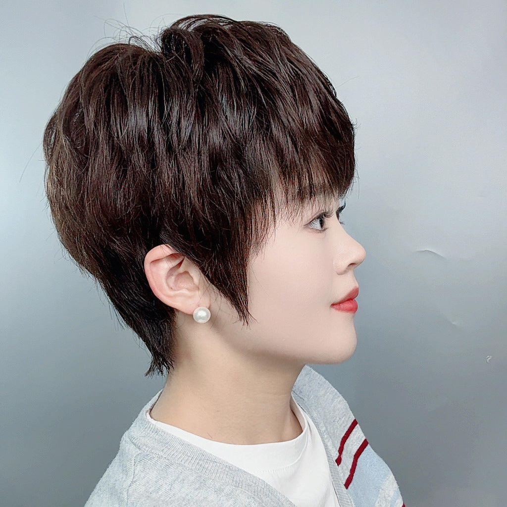 Women's Hand-woven Delivery Needle Mother's Sheath Real Wig Short Curly Hair