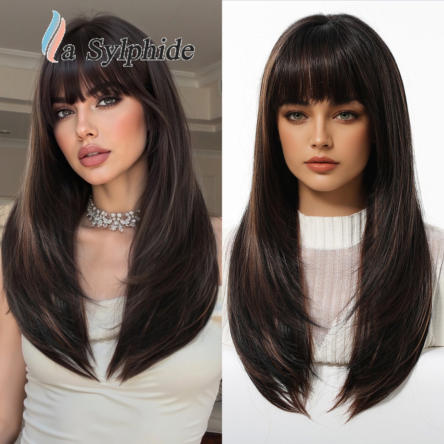 Dark Brown Bangs Level Hair Whole Top Long Straight Wig