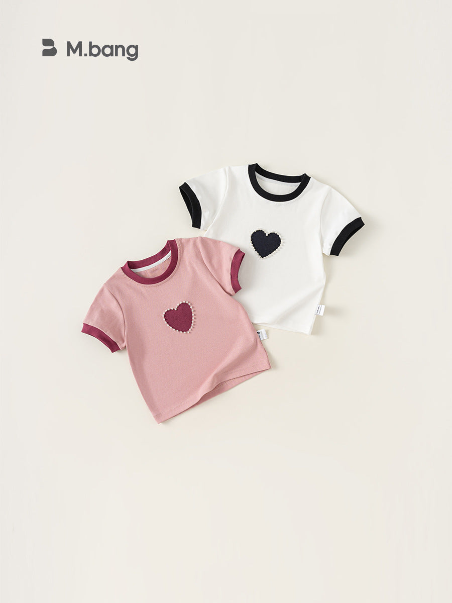 Children's Clothing Sweet Loving Heart Beaded Short-sleeved Children's T-shirt