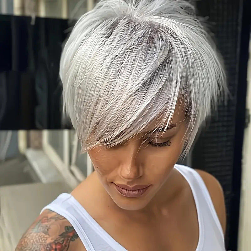 Side Bangs Sier Gray Fluffy Straight Chemical Wig Short Curly Hair
