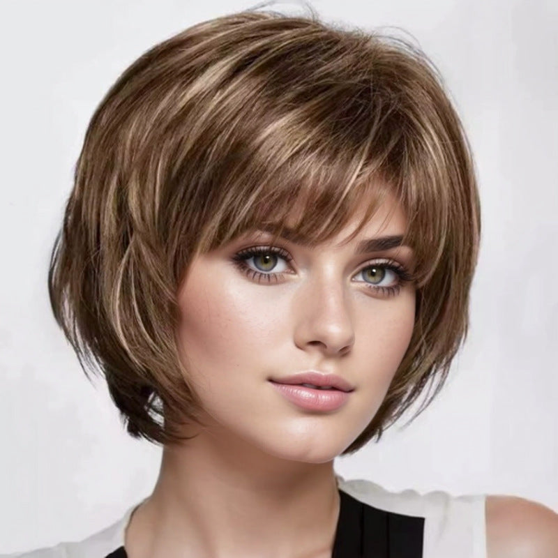 Women's Fluffy Side Bangs Gold White Fiber One Wig Short Straight Hair