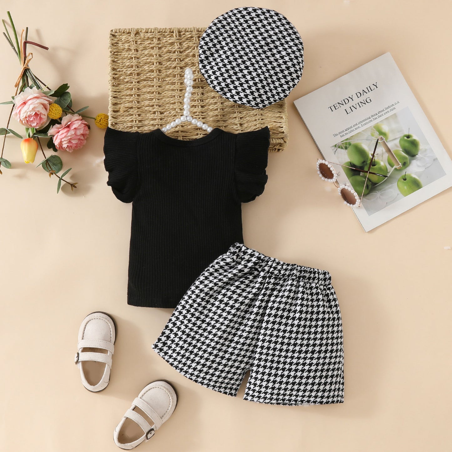 Flounced Sleeve Solid Color Top Plaid Children's Suit