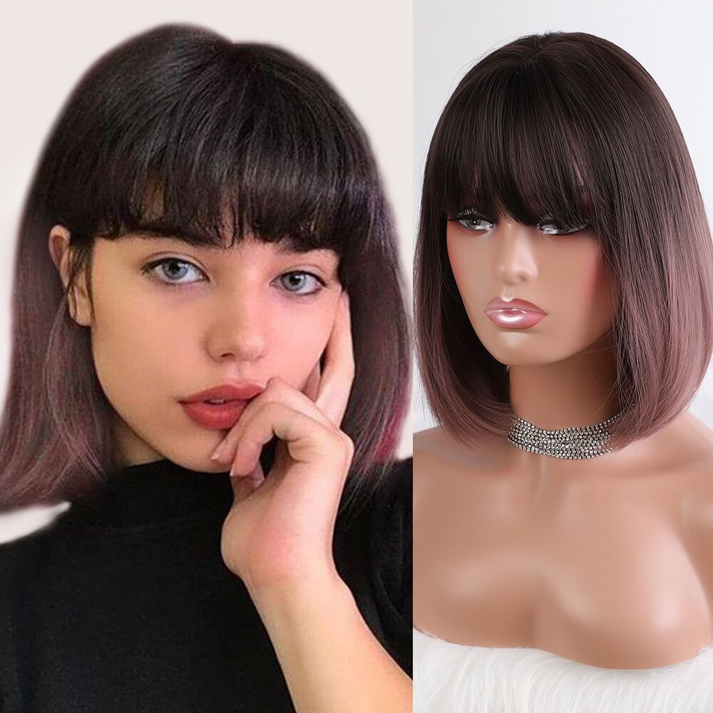 Women's Straight Bangs Gradually Varied Pink Short Wig Long Curls
