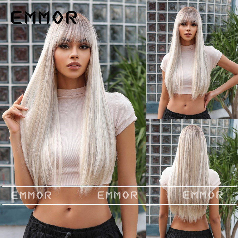 Female Natural Hair Full Top Fluffy Gradient Long Straight Wig