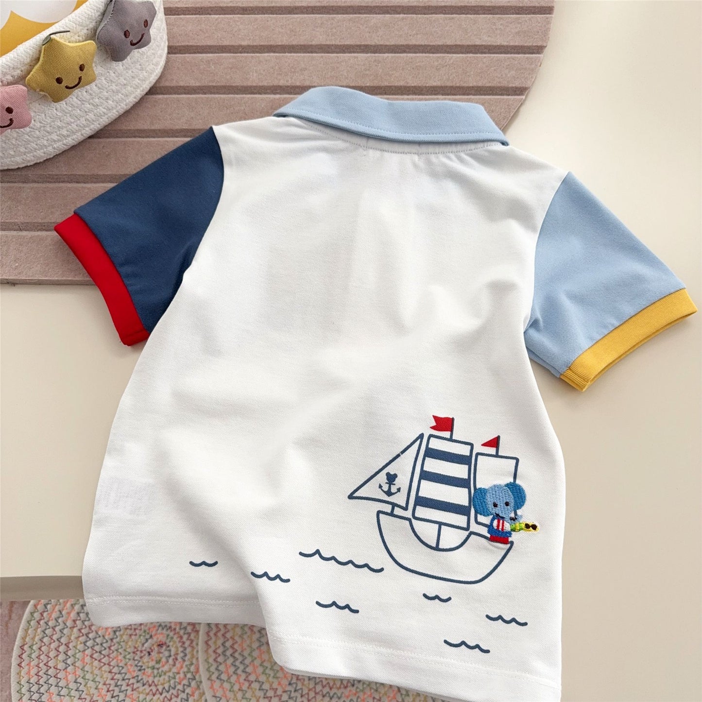 Children's Blue Collar Embroidered Lapel Short-sleeved Summer Color Children's T-shirt