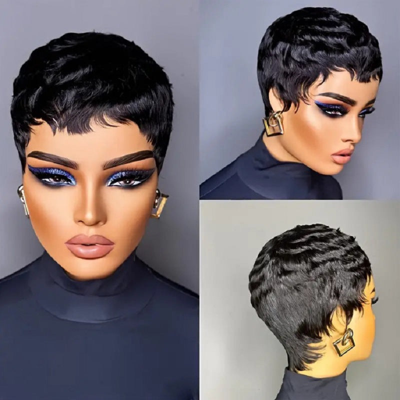 Women's African Black Elf Personalized Fiber Rose Net Head Wig Short Curly Hair