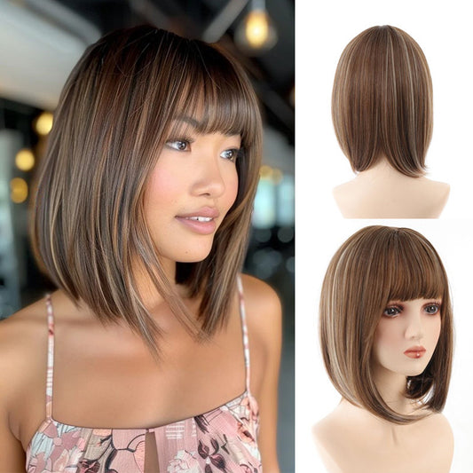 Women's Mixed Color Bangs Head Dyed Light Brown Daily Commuter Wig Short Straight Hair
