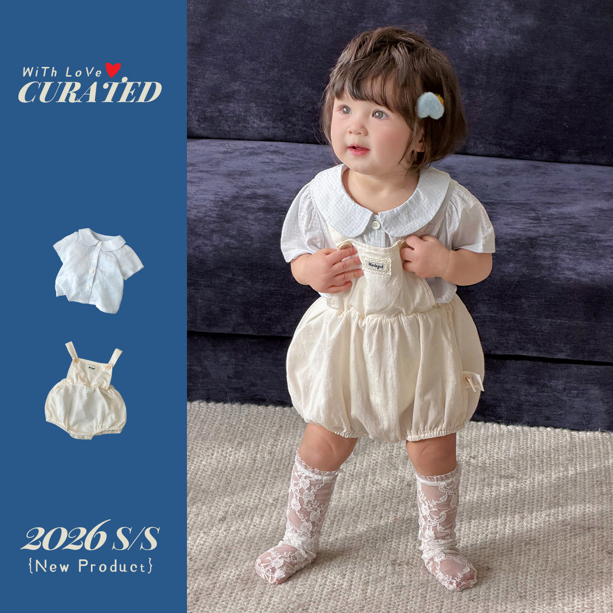Children's Geometric Clothes Suspender Pants Fresh Peter Pan Collar Short-sleeved Shirt Children's Suit