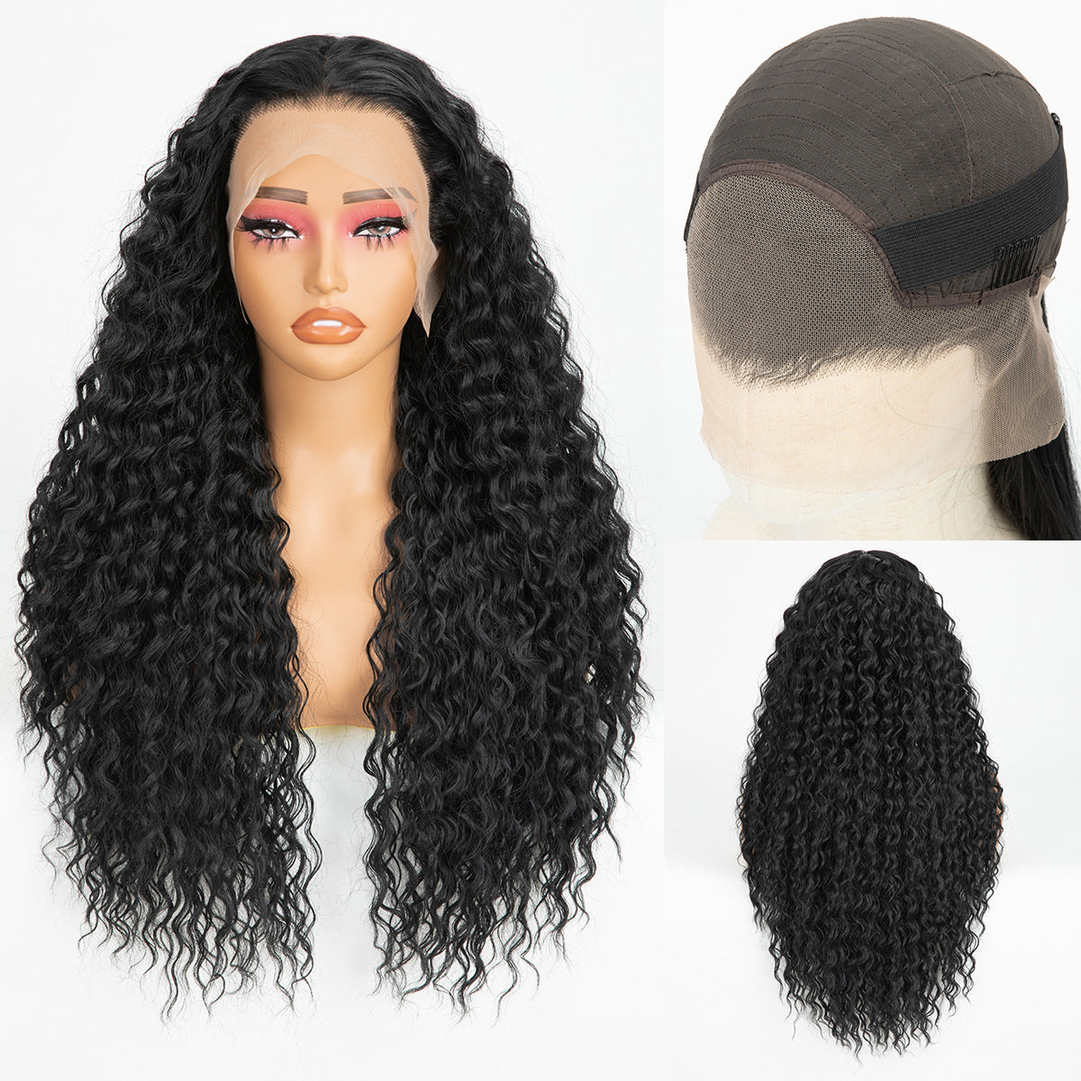 Lace Head Cover Black Hand-woven Curly Long Straight Wig