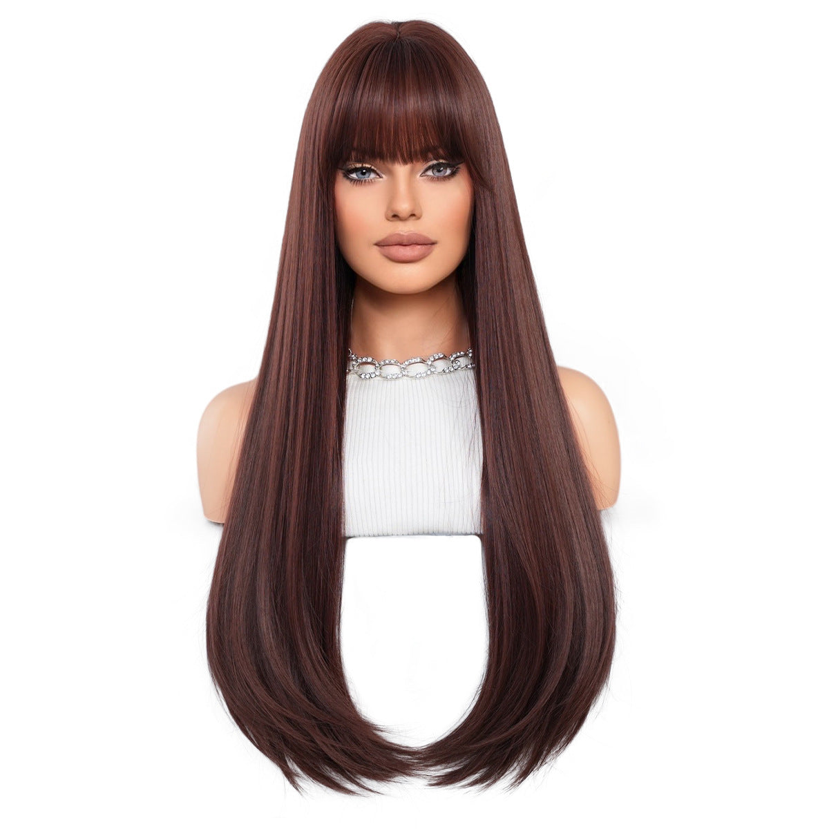 Women's Caramel Mocha Bangs Inner Buckle Layered Long Straight Wig