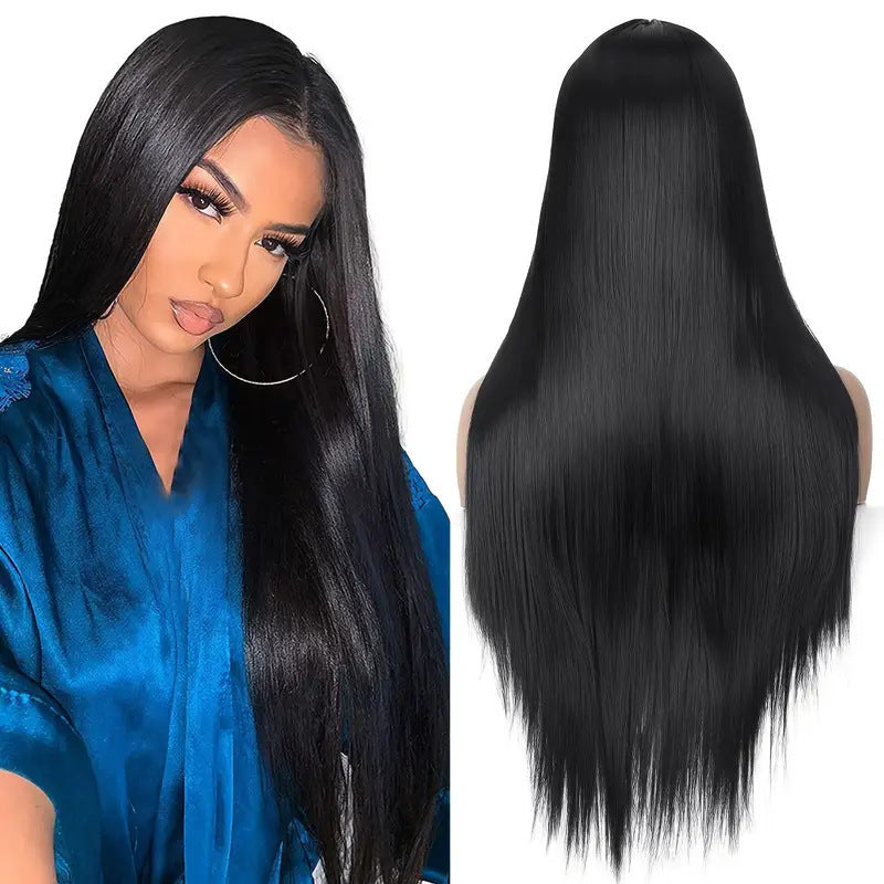 Women's Fiber Hair Front Lace Head Cover Long Straight Wig