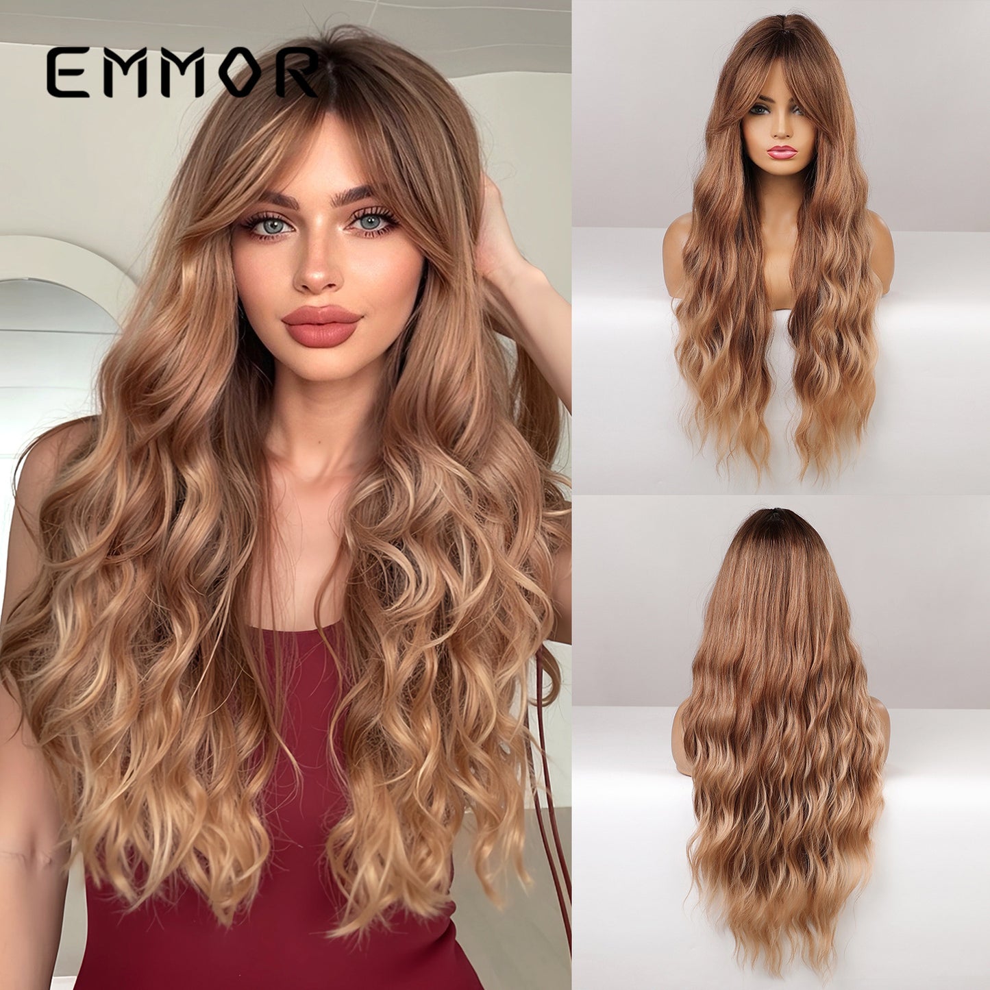 Women's Elegant Bangs Brown Curly Hair Fiber Synthetic Wig Long Curls