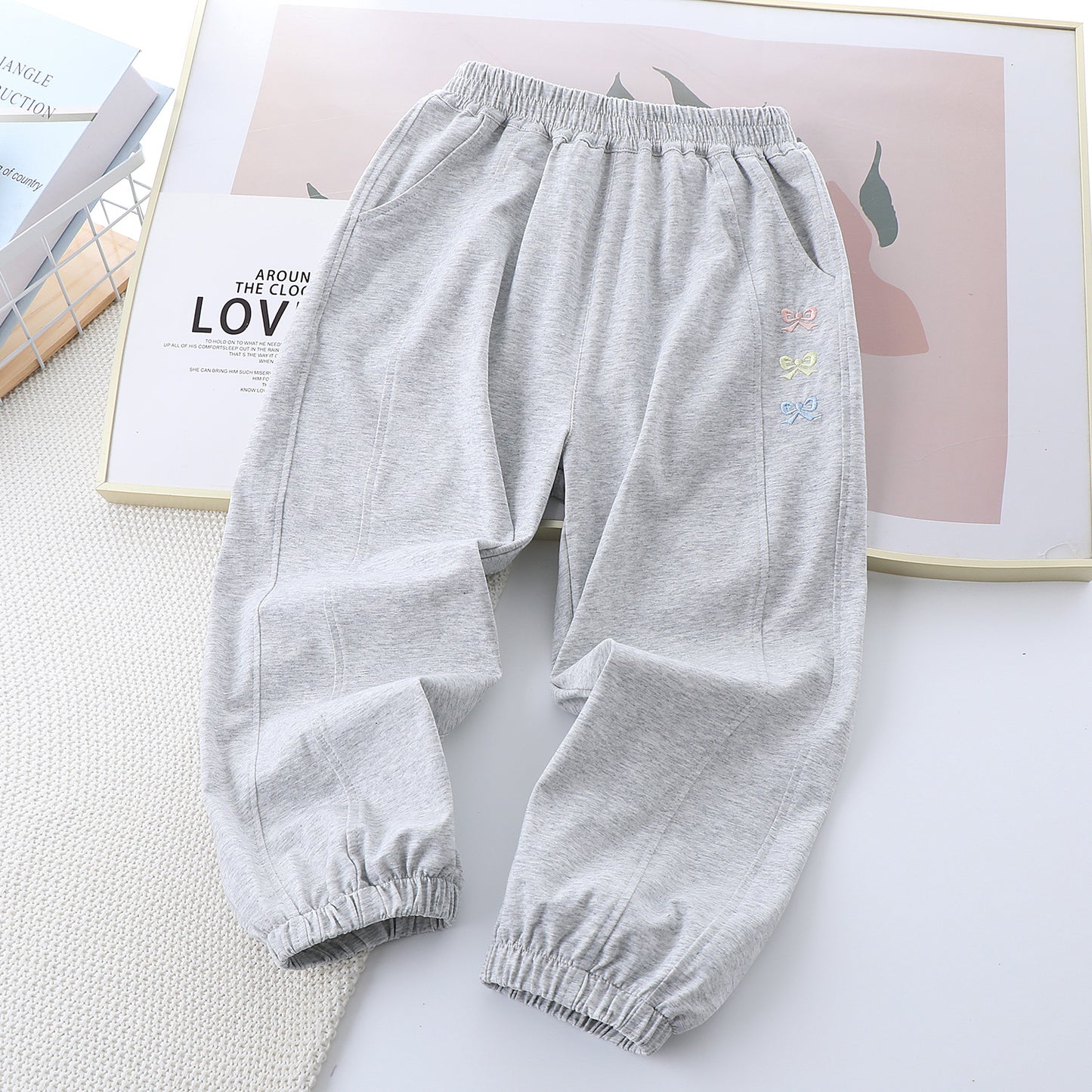 Children's Embroidery Bowknot Casual Korean Style Thin Children's Pants