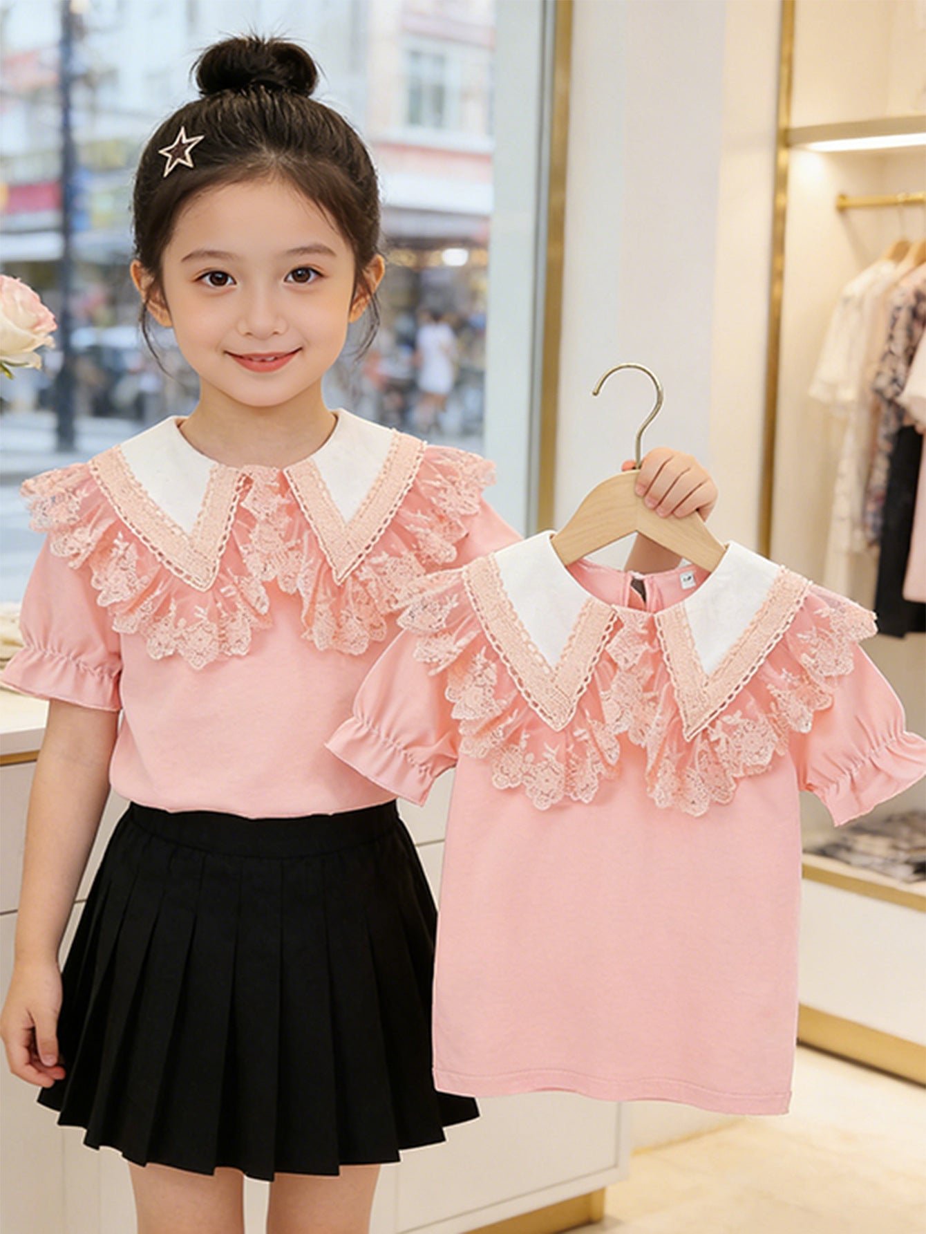 Children's Ice Porcelain Cotton Short-sleeved Shirt Summer Little Lace Collar Children's T-shirt