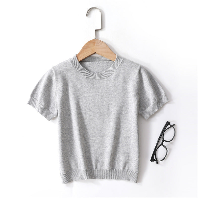 Children's Color Knitted Short-sleeved Combed Cotton Boys Lazy Casual Children's T-shirt