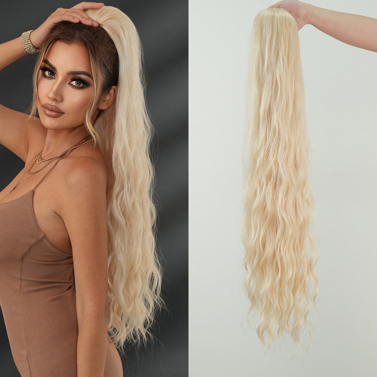 Inch Extra Long Curl Drawstring Net Pocket Elastic Water Wig Ponytail