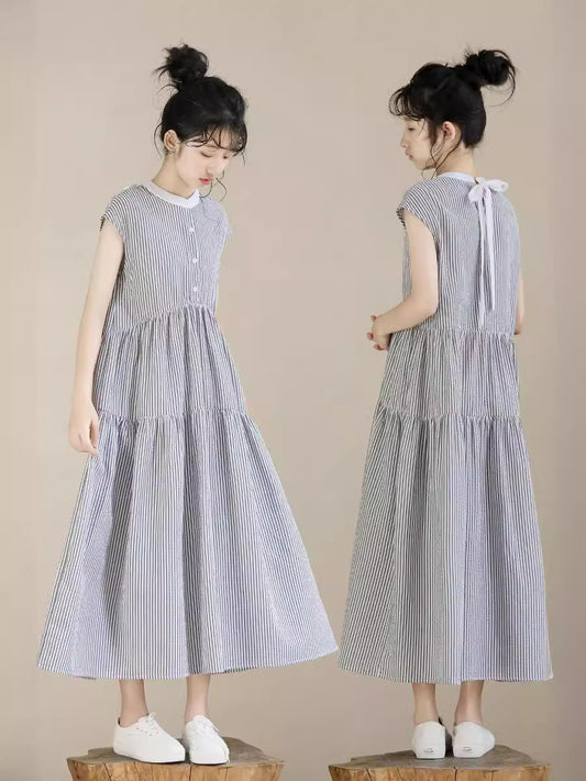 Summer Striped Stand Collar Long Sleeveless Children's Dress