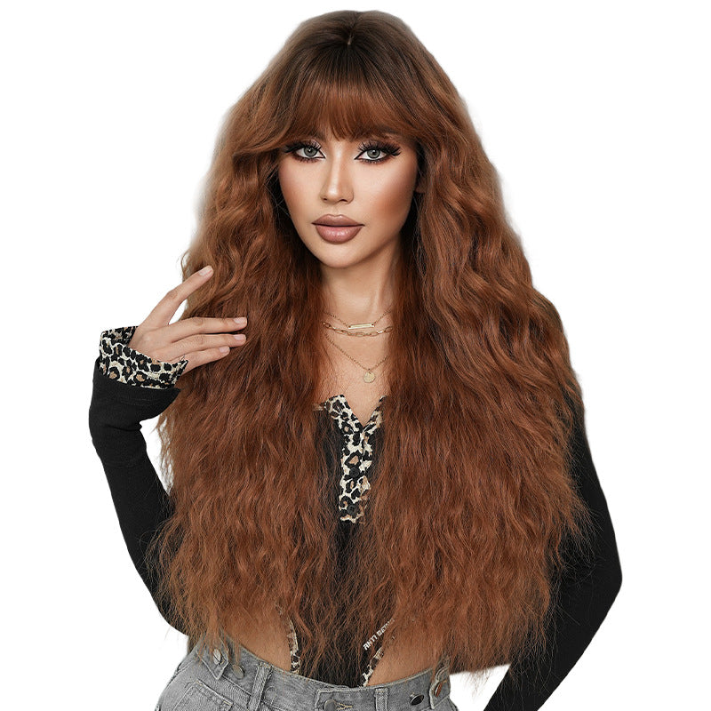 Women's Caramel Red Brown Hair Water Ripple Curly Fashion Wig Long Curls