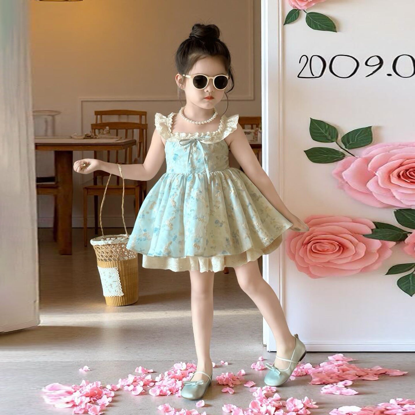 Hair Floral Flying Sleeve Summer Little Sweet Princess Korean Children's Dress