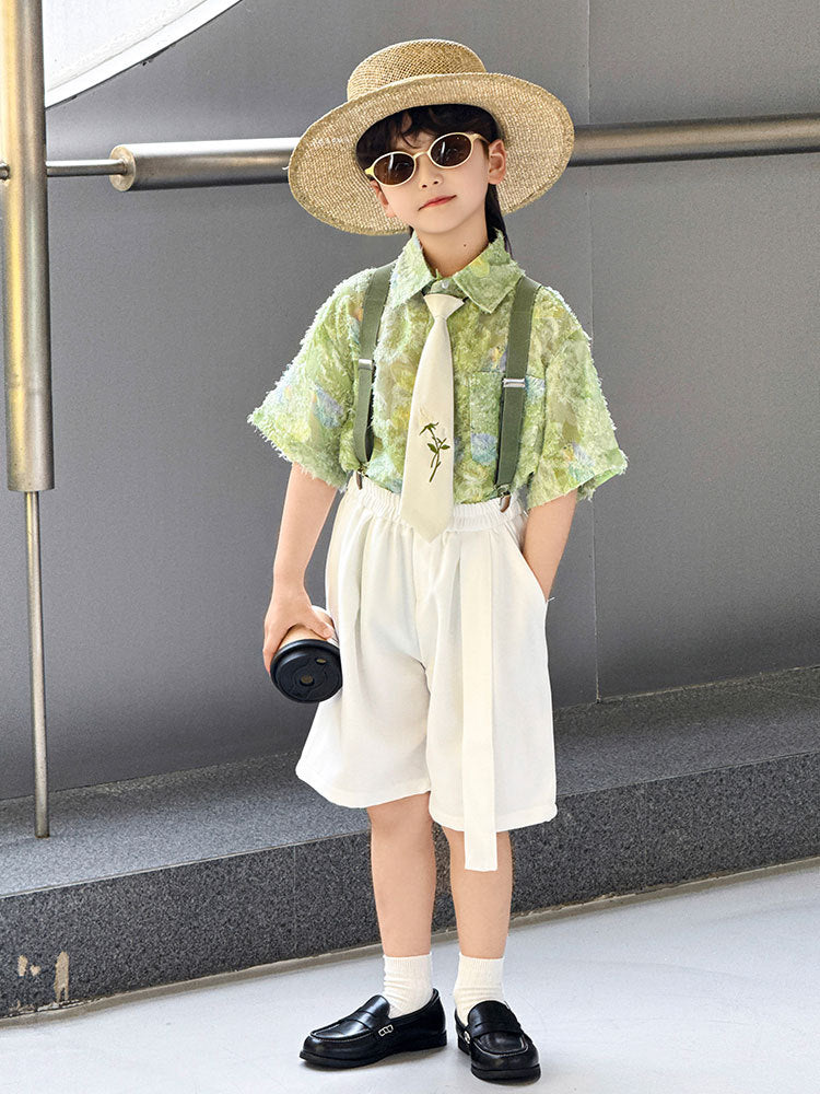 Summer Korean Style Trendy Casual Printed Suspender Shorts Children's Shirt