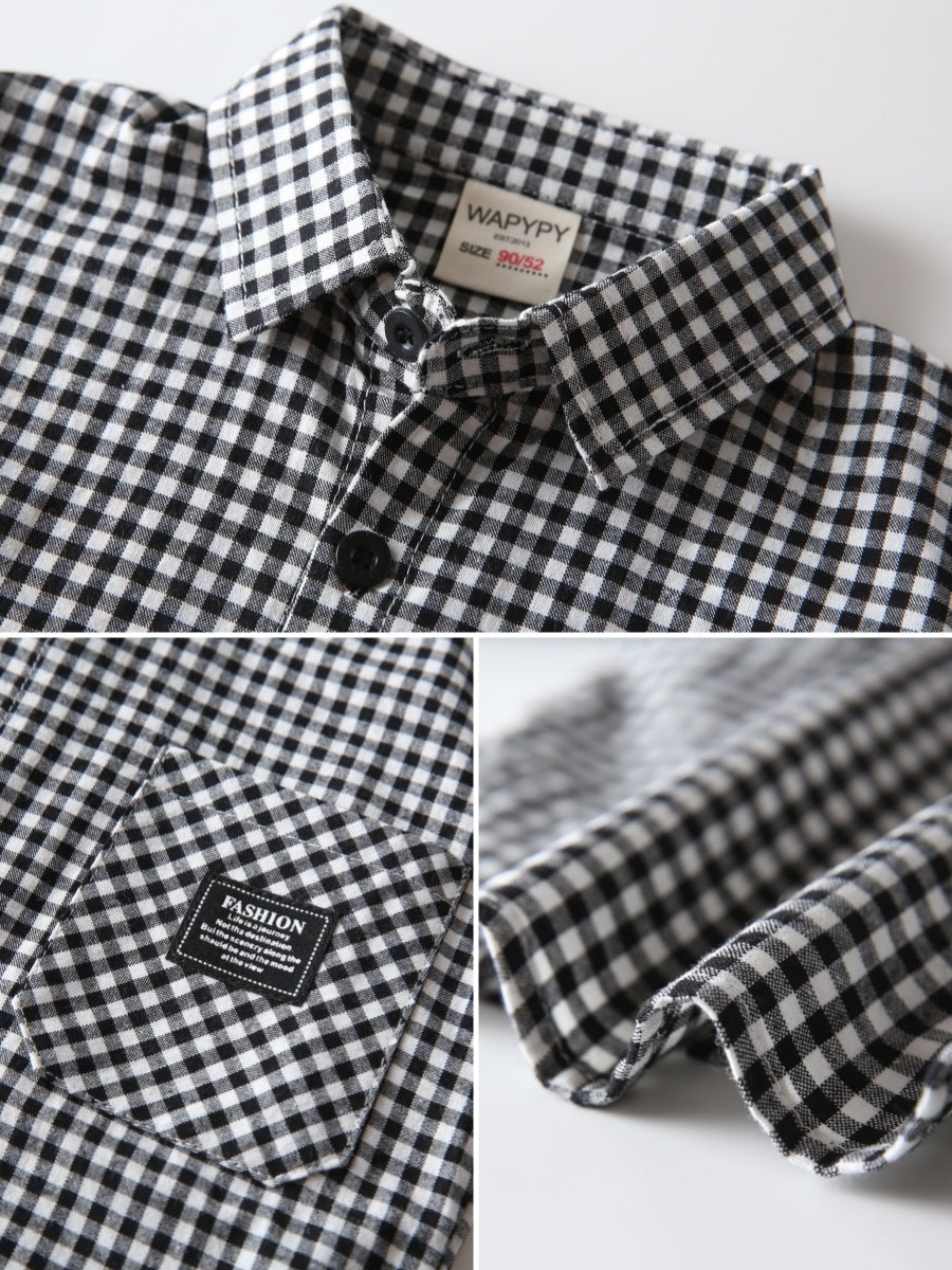 Children's Clothing Plaid Black White Labeling Korean Style Loose Design Children's Shirt