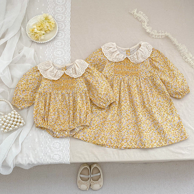 Children's Lapel Floral Long Sleeve Romper One-piece Children's Dress