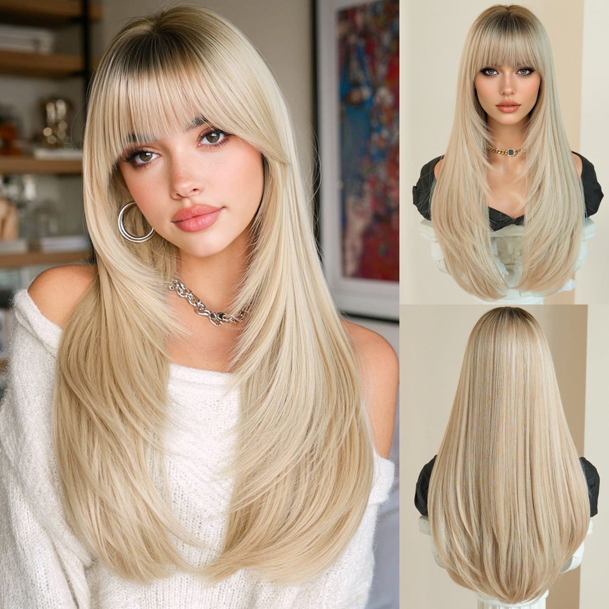 Bangs Daily Use Fluffy Synthetic Heat Resistant Long Straight Wig