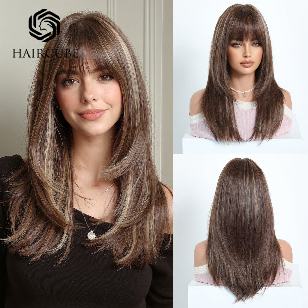 Female Fiber Chemical Hair Bangs Brown Medium Long Straight Wig