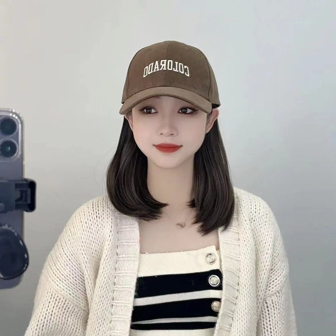 Trendy Korean Style Peaked Baseball Cap Mid-length Wig Short Straight Hair