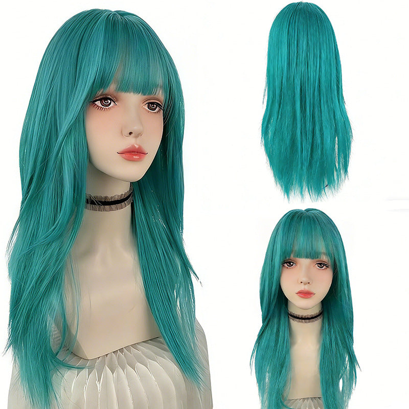 Women's Green Hair Full Top Simulation Invisible Long Straight Wig