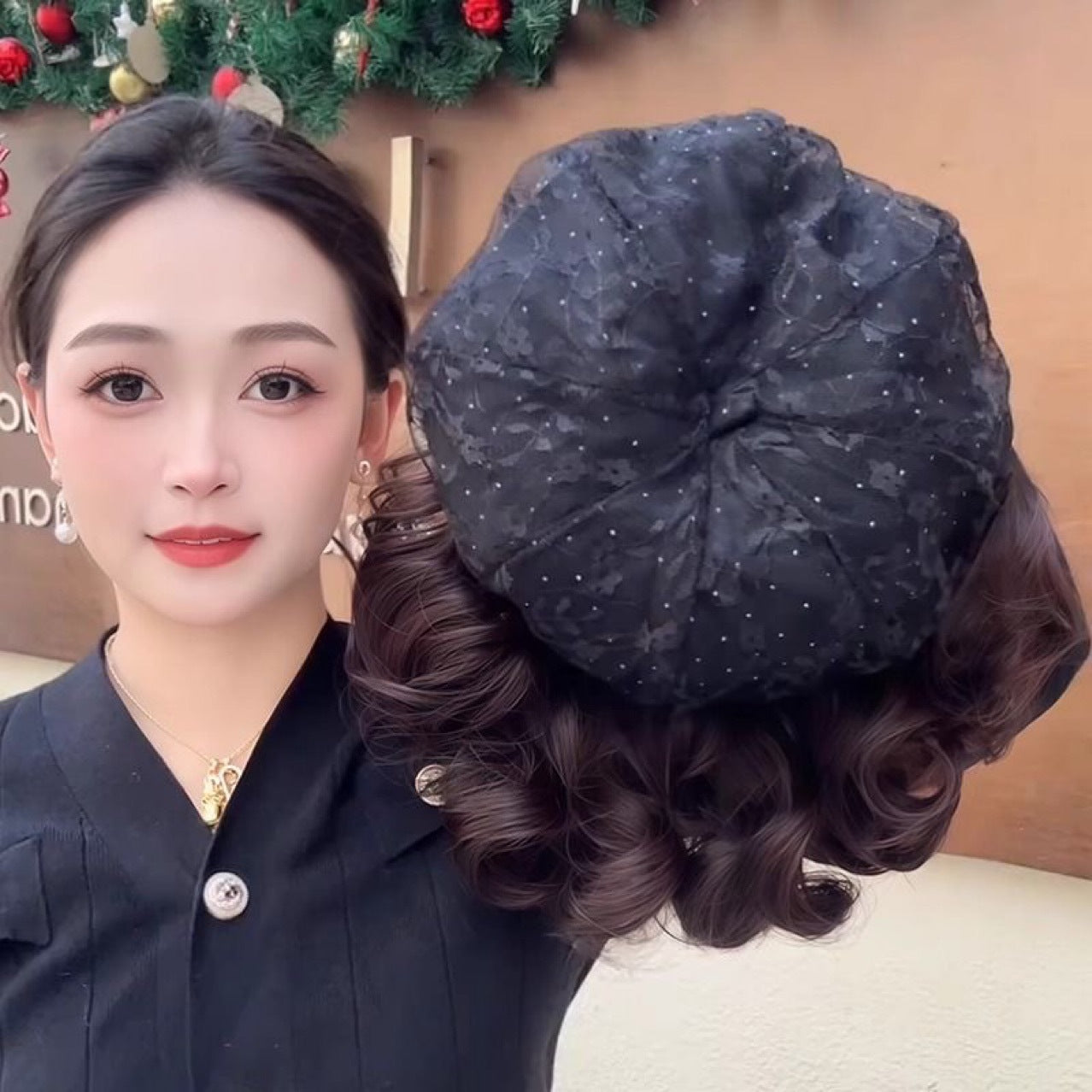 Hat One-piece Lace Beret Western Style Fashion Headgear Wig Short Curly Hair