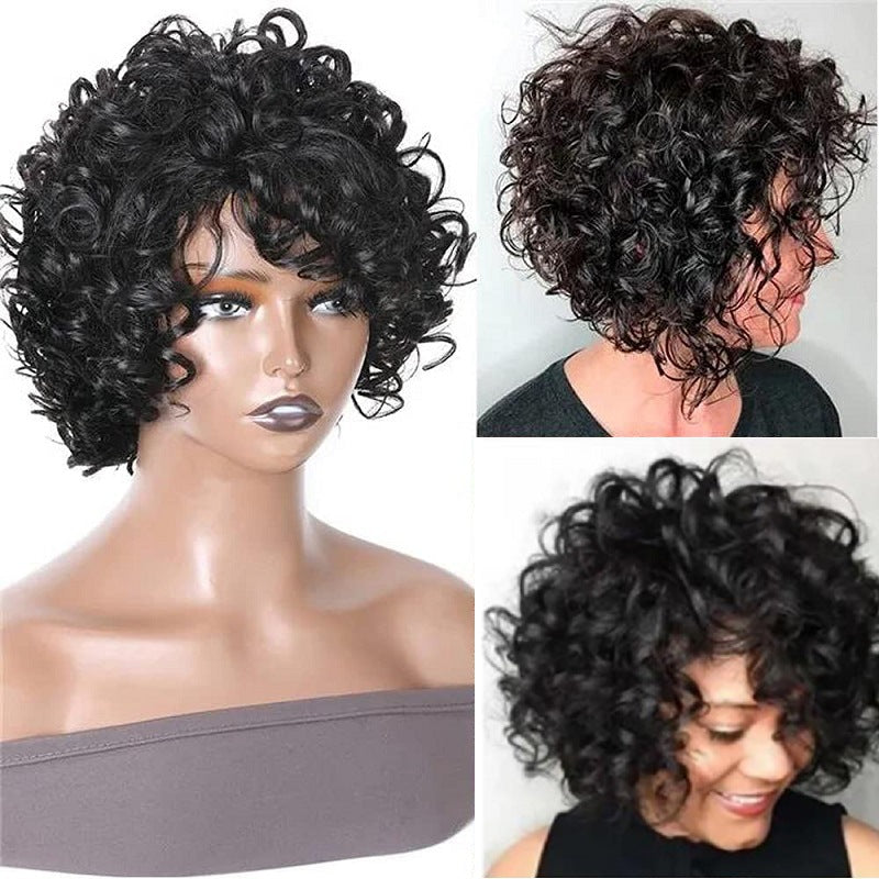 Women's Black Small Volume Face Trimming Chemical Fiber Wig Short Curly Hair