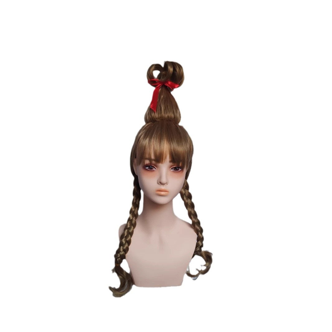 Graceful Christmas Golden Double Braid Female Cos Wig