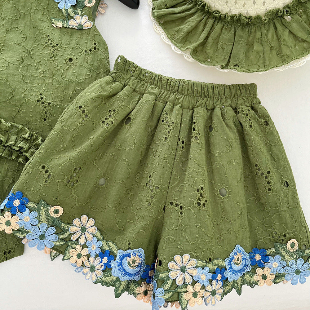 Top Bow Sleeveless Vest Lace Shorts Children's Suit