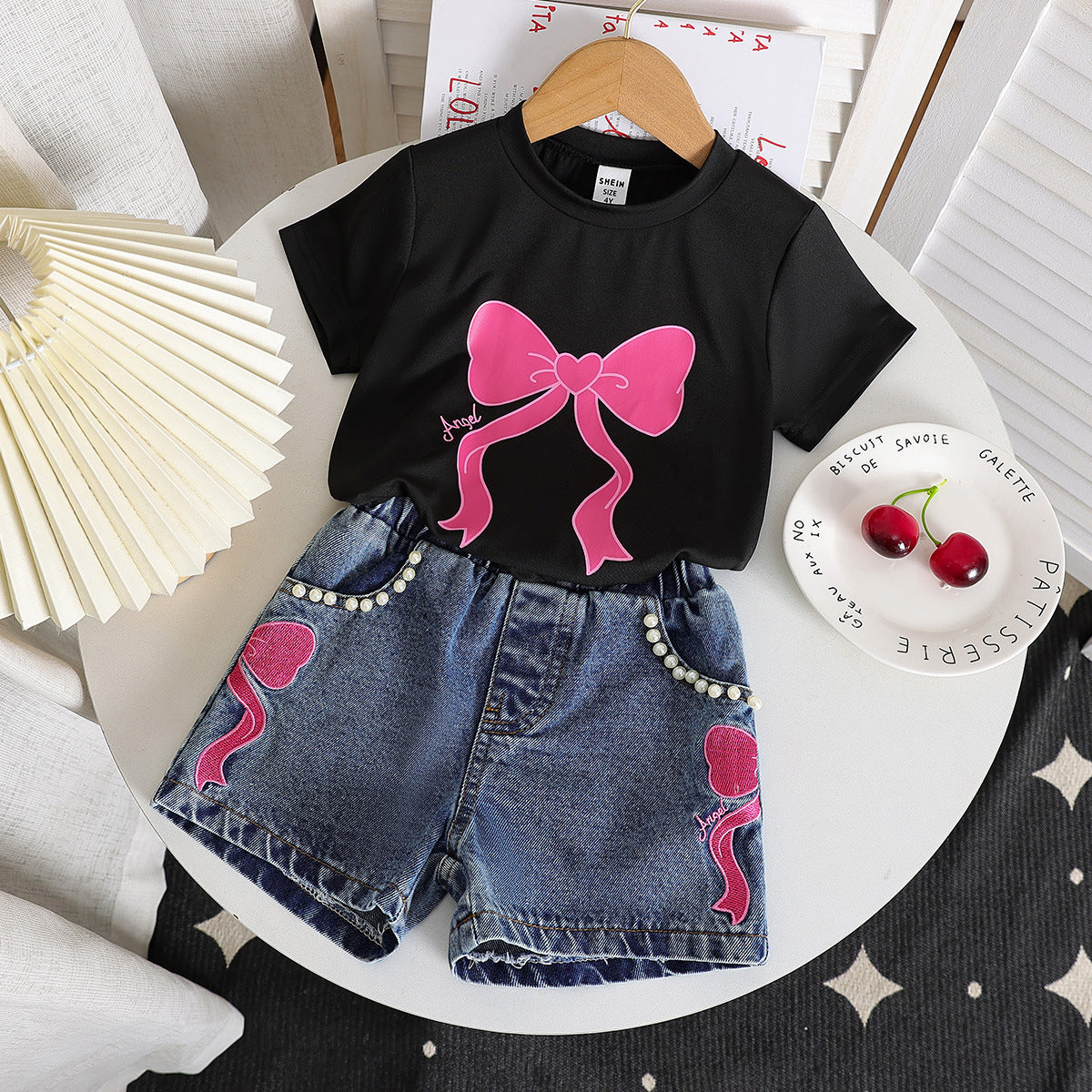 Neck Printed Knitted Top Denim Beaded Embroidered Jeans Children's Suit
